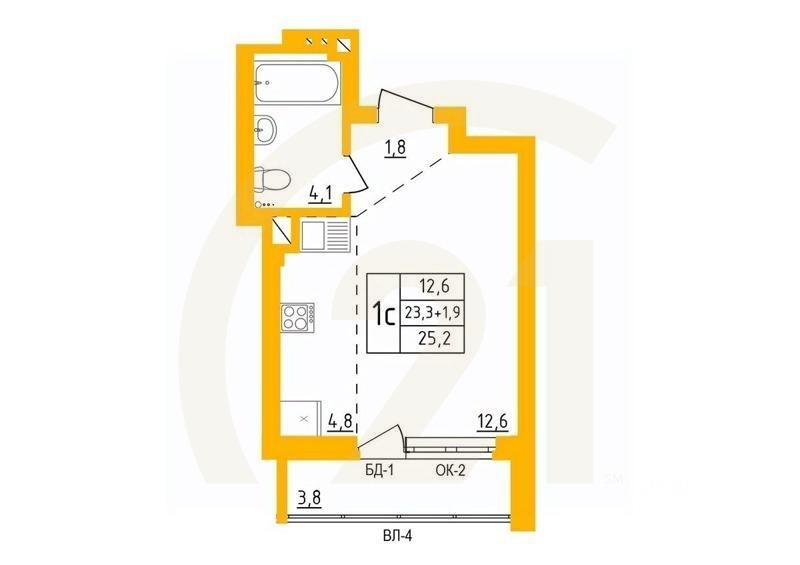 1-комн. квартира, 24,8 м²