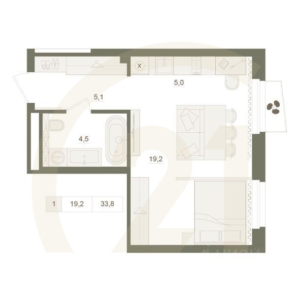1-комн. квартира, 33,8 м²в ЖК «Квартал «Родина Парк»