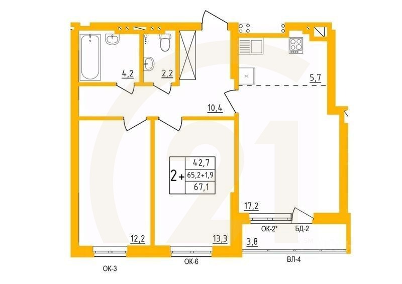 2-комн. квартира, 66,9 м²