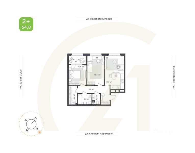 2-комн. квартира, 64,8 м²в ЖК «Бионика Парк»