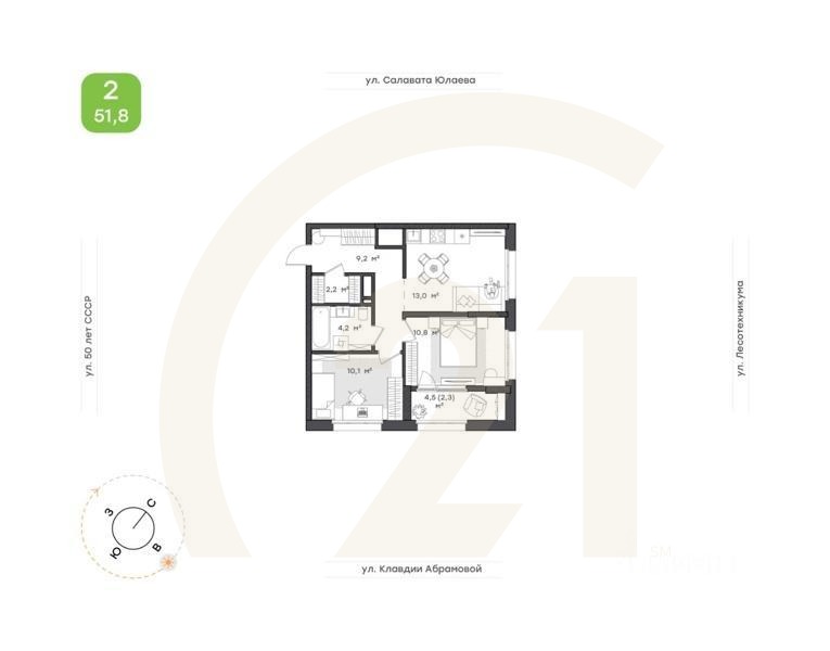 2-комн. квартира, 51,8 м²в ЖК «Бионика Парк»
