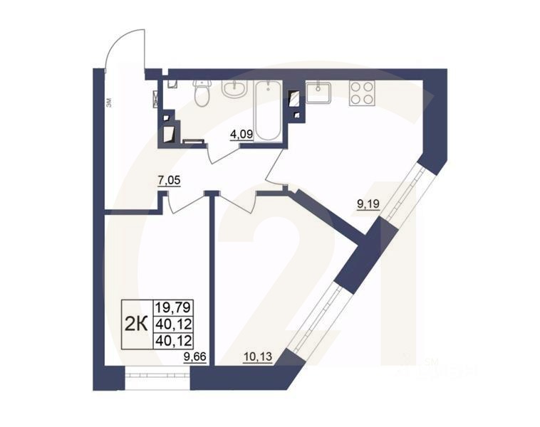 2-комн. квартира, 39,96 м²в ЖК «Космос»