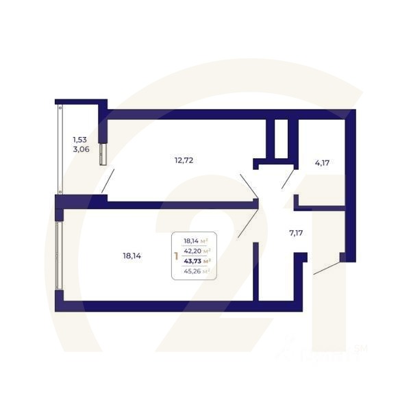 1-комн. квартира, 43,73 м²в ЖК «Паруса»