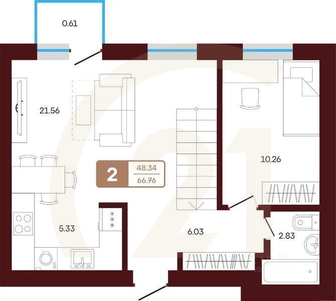 2-комн. квартира, 66,76 м²в ЖК «ЯРАТАУ»