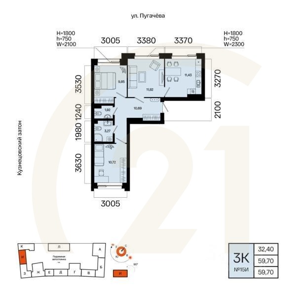 3-комн. квартира, 59,7 м²в ЖК «Первый остров»