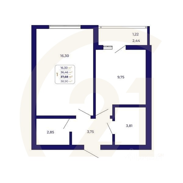 1-комн. квартира, 37,68 м²в ЖК «Паруса»