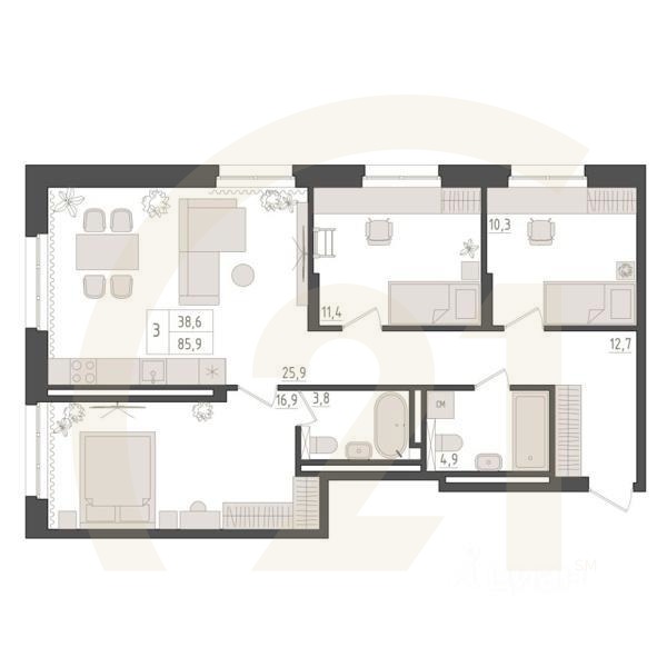 3-комн. квартира, 85,8 м²в ЖК «Новый Империал»