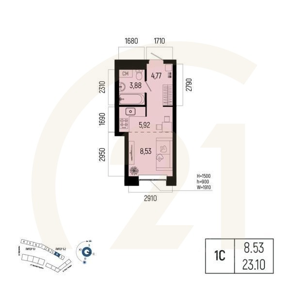 1-комн. квартира, 23,1 м²в ЖК «Новатор»