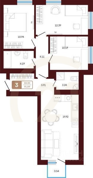 3-комн. квартира, 71,09 м²в ЖК «ЯРАТАУ»