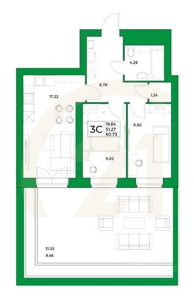 3-комн, 60,73 м²