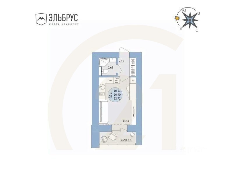 1-комн, 22,72 м²в ЖК «Эльбрус»
