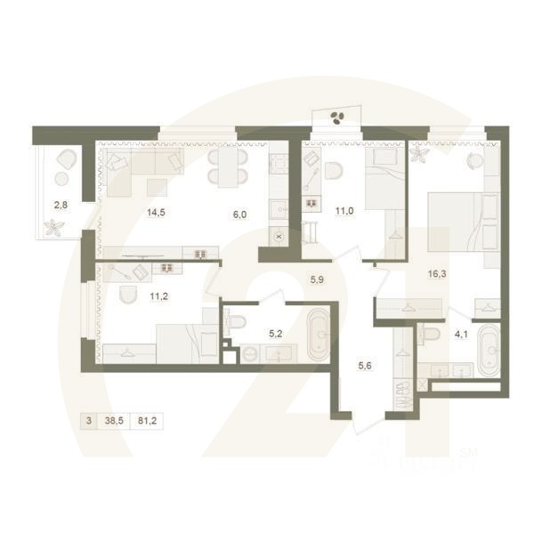 3-комн. квартира, 81,2 м²в ЖК «Квартал «Родина Парк»