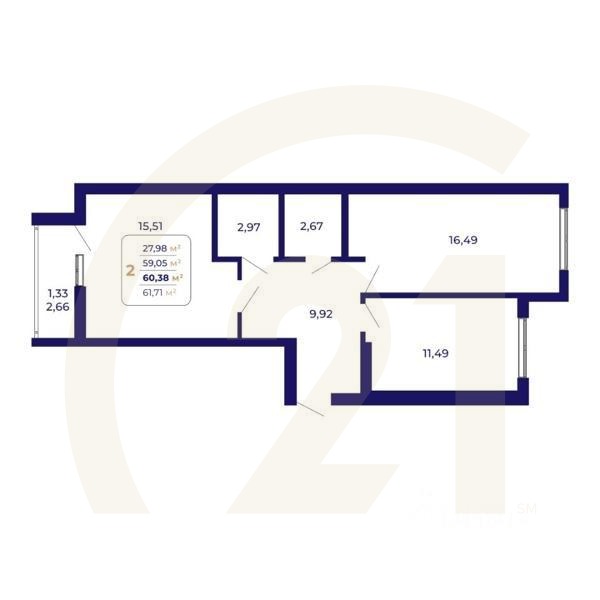 2-комн. квартира, 60,38 м²в ЖК «Паруса»