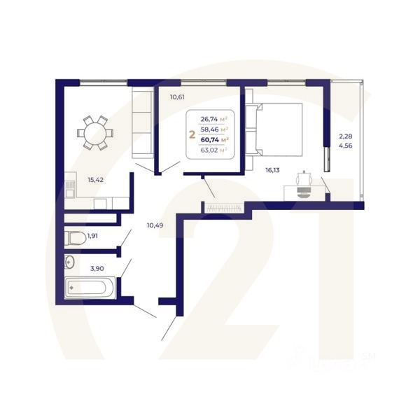 2-комн. квартира, 60,74 м²в ЖК «Паруса»