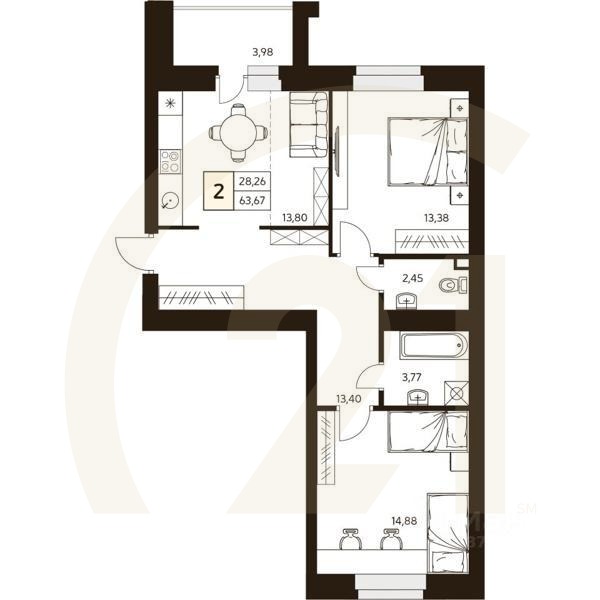 2-комн. квартира, 63,67 м²в ЖК «MATUR»