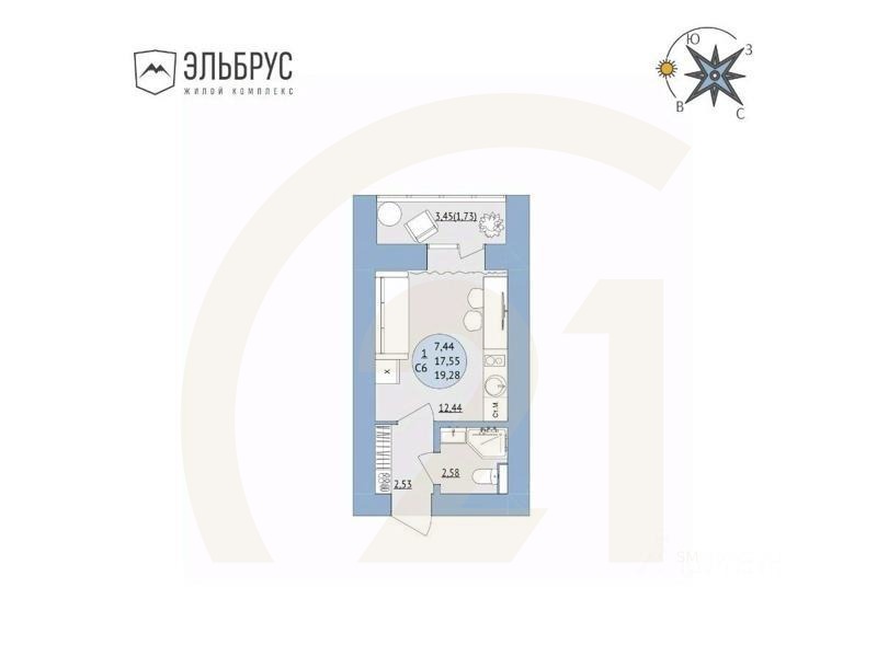 1-комн, 19,28 м²в ЖК «Эльбрус»