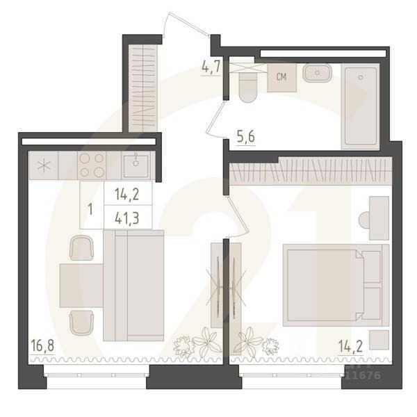 1-комн. квартира, 41,3 м²в ЖК «Новый Империал»