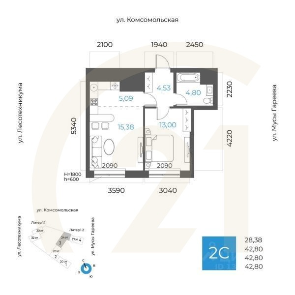 2-комн. квартира, 42,8 м²в ЖК «8 NEBO»