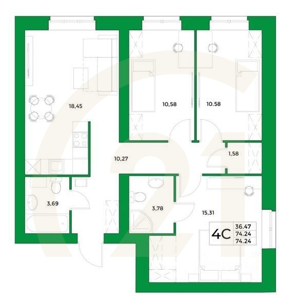 4-комн, 74,24 м²