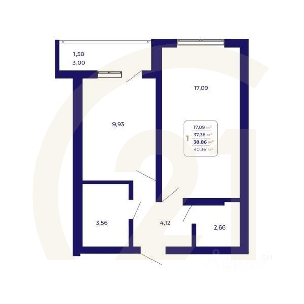 1-комн. квартира, 38,86 м²в ЖК «Паруса»