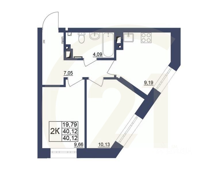 2-комн. квартира, 39,87 м²в ЖК «Космос»