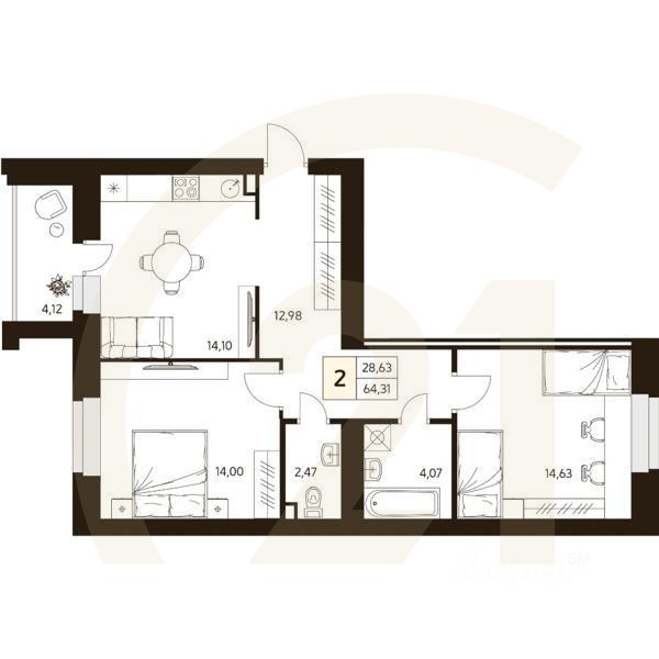 2-комн. квартира, 64,31 м²в ЖК «MATUR»