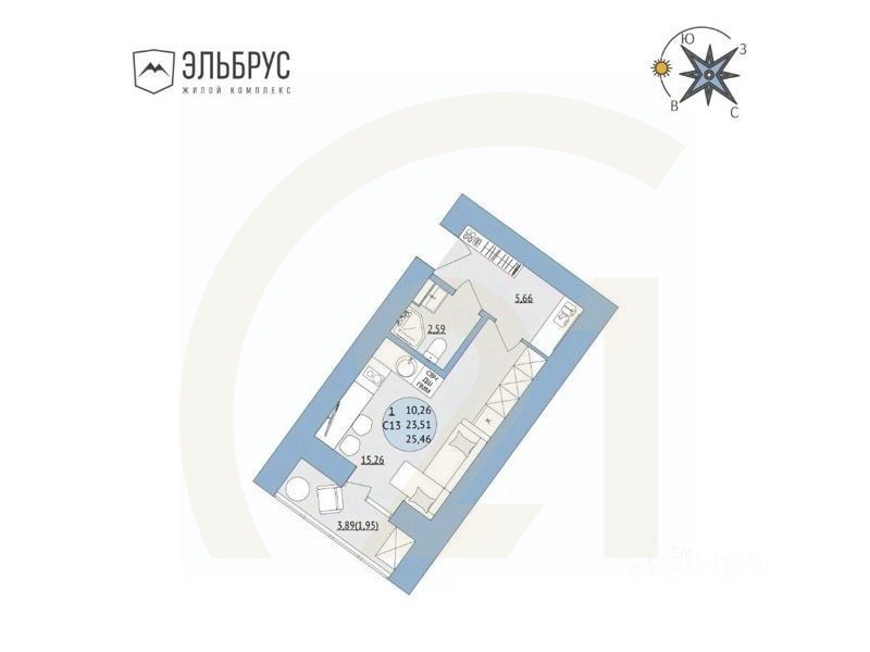 1-комн, 25,46 м²в ЖК «Эльбрус»