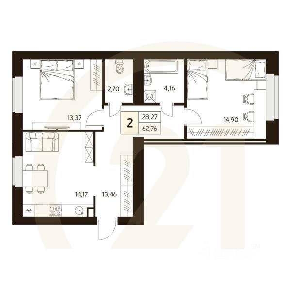2-комн. квартира, 67,55 м²в ЖК «MATUR»