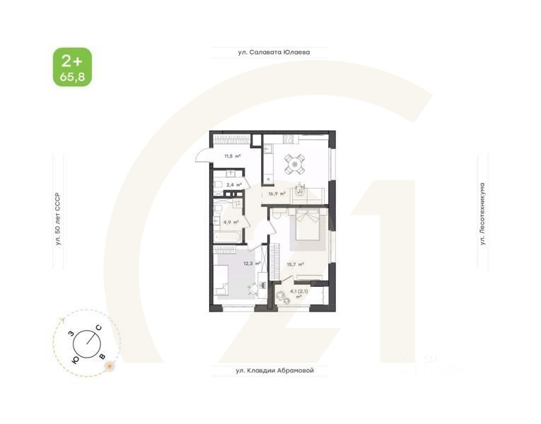 2-комн. квартира, 65,8 м²в ЖК «Бионика Парк»