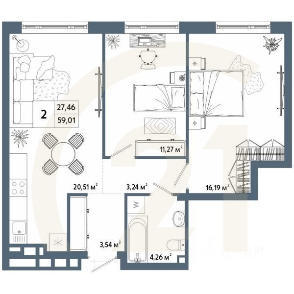 2-комн. квартира, 59,38 м²в ЖК «Крылья»