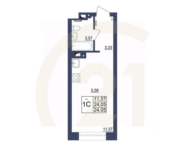 1-комн, 24,14 м²в ЖК «Космос»