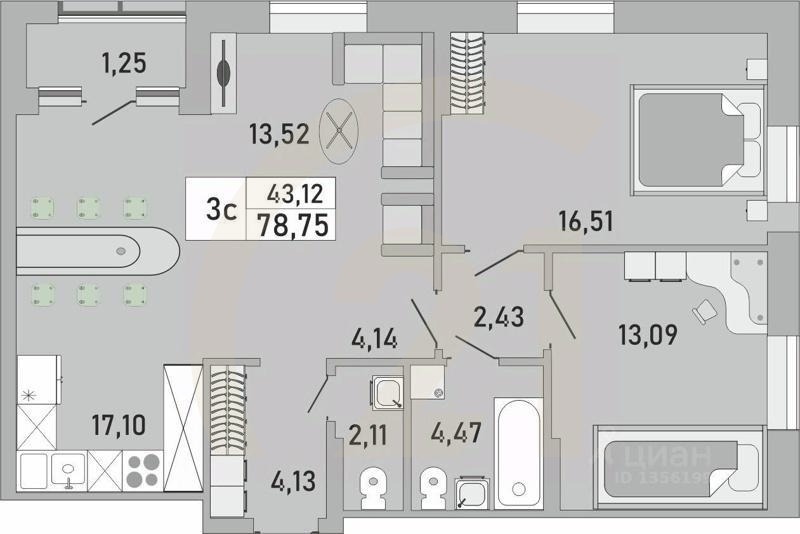 3-комн. квартира, 78,75 м²в ЖК «Платинум»