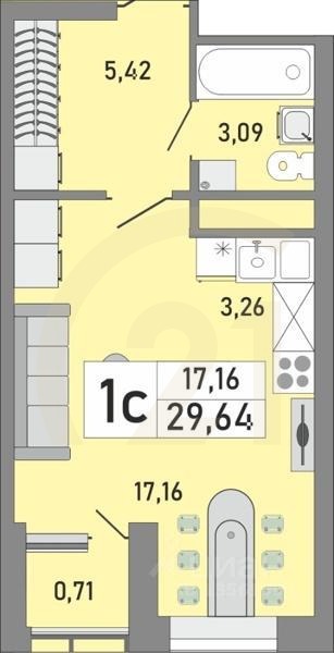 1-комн. квартира, 29,64 м²в ЖК «Платинум»