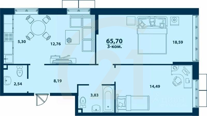 3-комн. квартира, 65,7 м²в ЖК «Город природы»