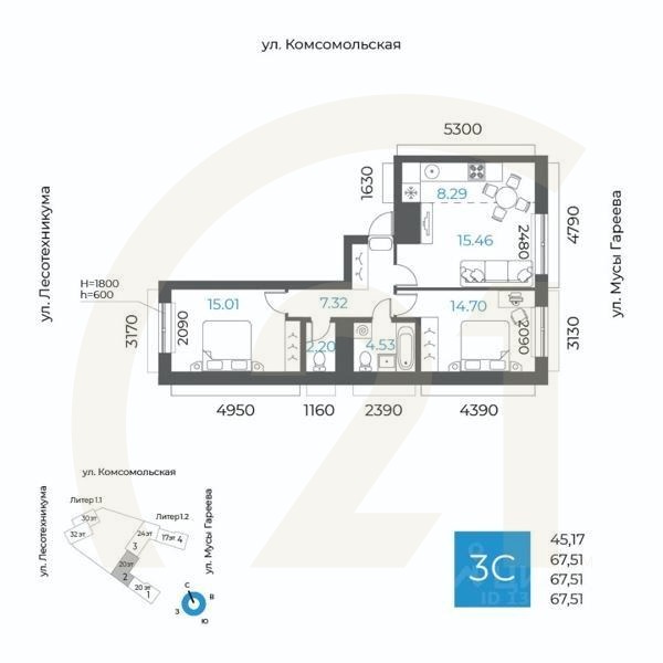 3-комн. квартира, 67,51 м²в ЖК «8 NEBO»