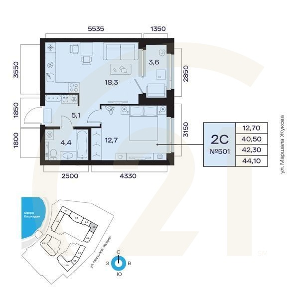 2-комн, 42.3 м², 4-7 этаж
