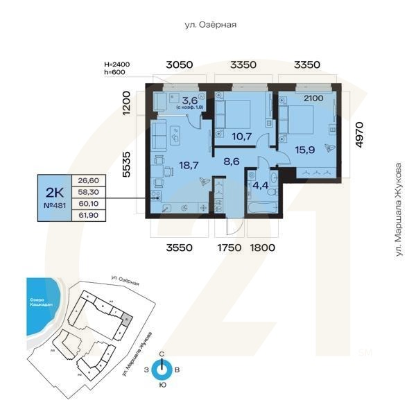 2-комн, 60.1 м², 2 этаж