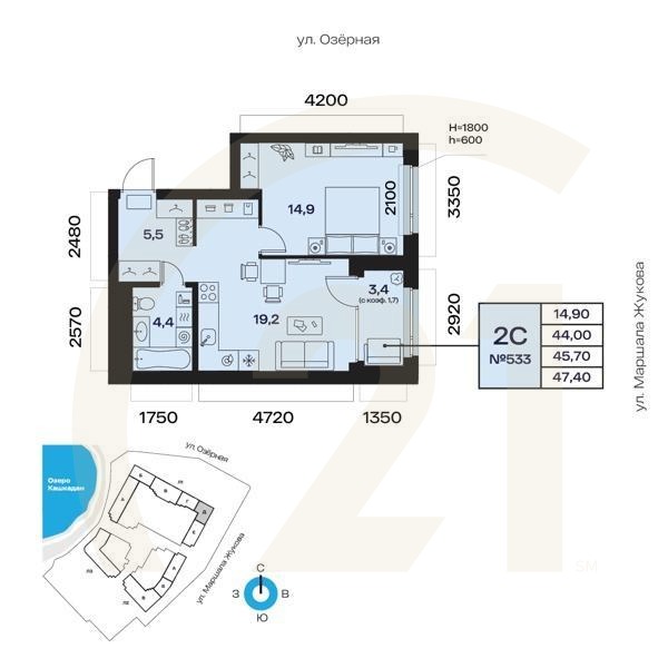 2-комн, 45.7 м², 7 этаж