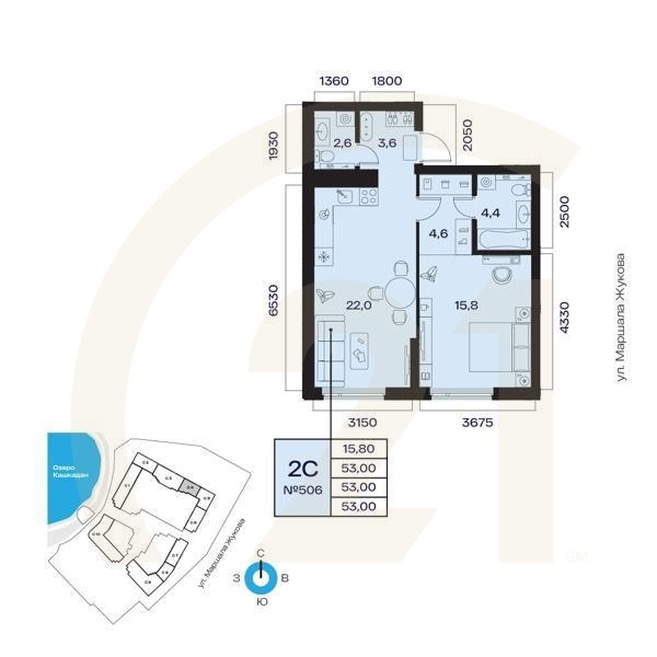 2-комн, 53 м², 5-7 этаж