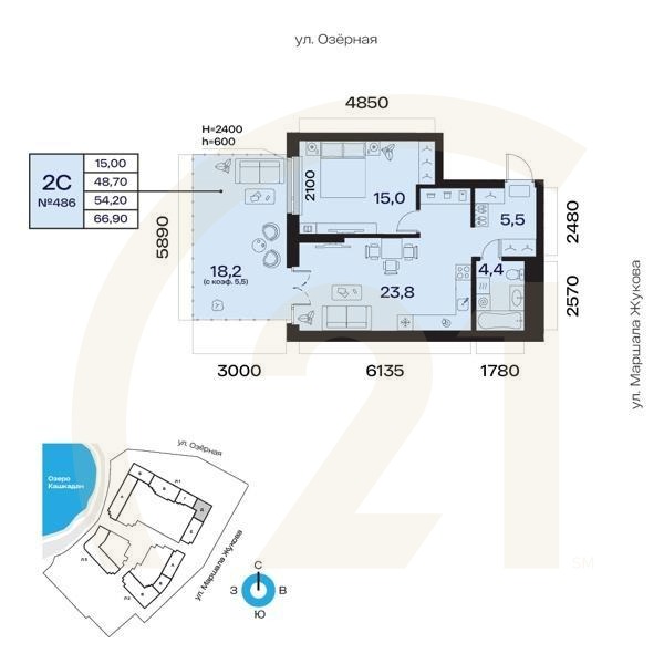 2-комн, 54.2 м², 2 этаж