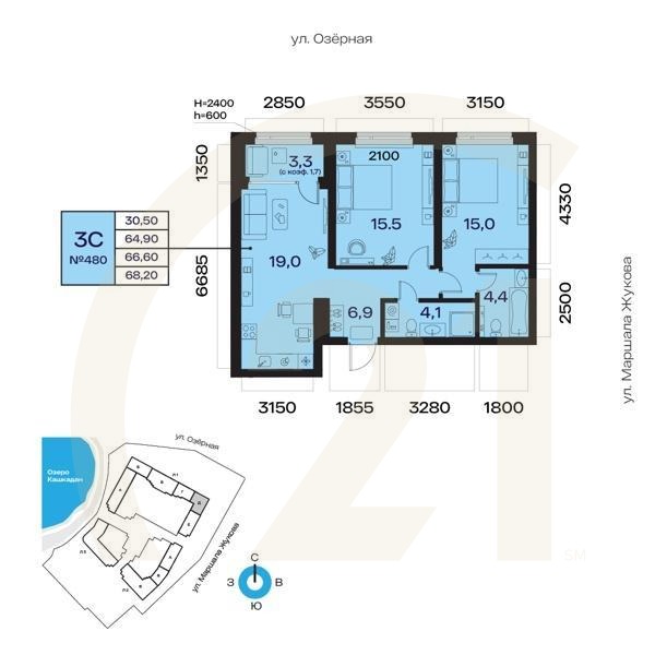 3-комн, 66.6 м², 2 этаж