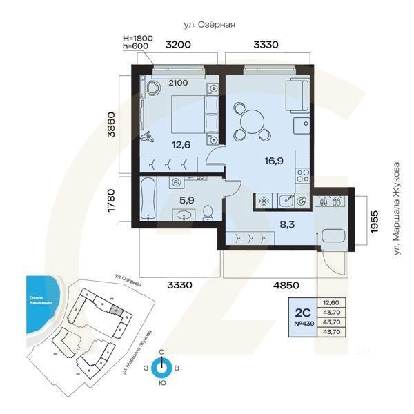 2-комн, 43.7 м², 3-7 этаж