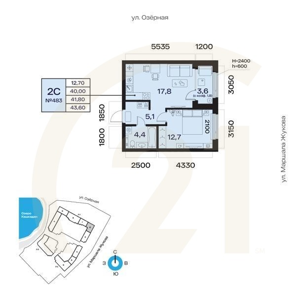 2-комн, 41.8 м², 2 этаж