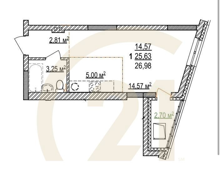 1-комн, 26.98 м², 3-15 этаж