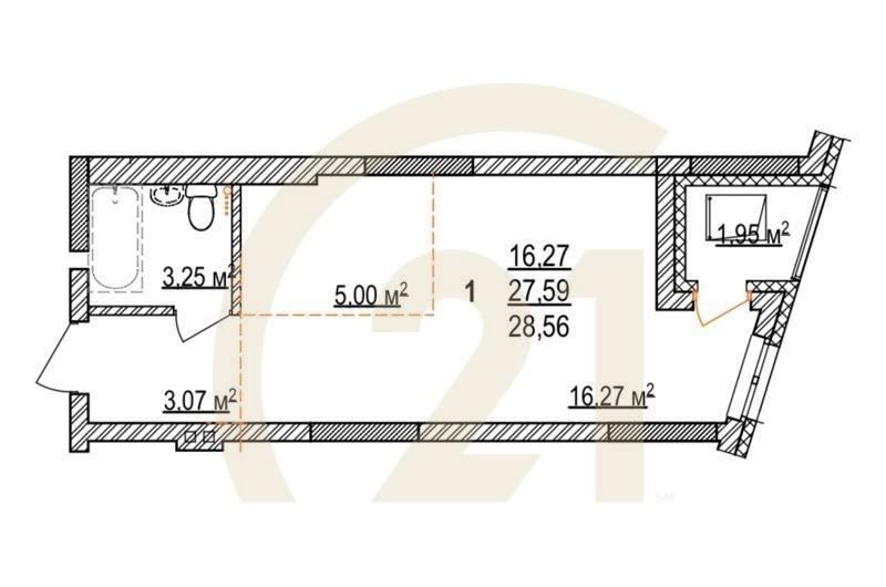 1-комн, 28.56 м², 16 этаж