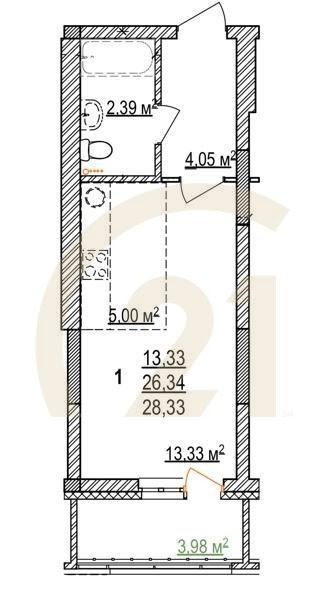 1-комн, 28.33 м², 3-17 этаж