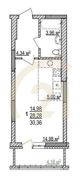 1-комн, 30.36 м², 3-17 этаж