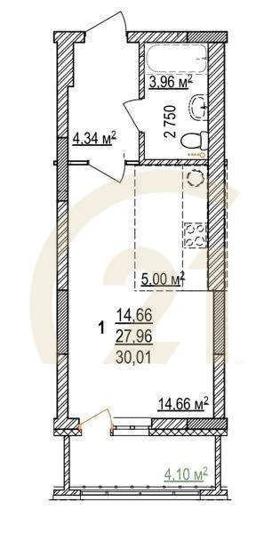 1-комн, 30.01 м², 5-17 этаж