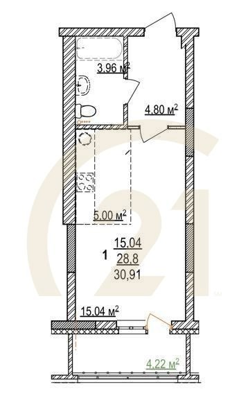1-комн, 30.91 м², 3-17 этаж