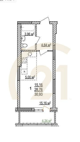 1-комн, 30.93 м², 8-17 этаж